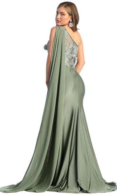 Vestido de Gala One Shoulder ajustado, decorado con apliques de flores en Top y manga con capa