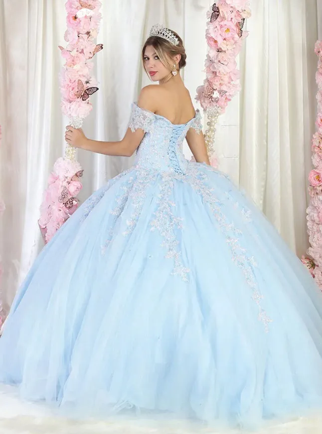 Vestido de 15 años Off Shoulder con mangas de Tull desmontables, decorado con apliques de Glitter y falda corte princesa
