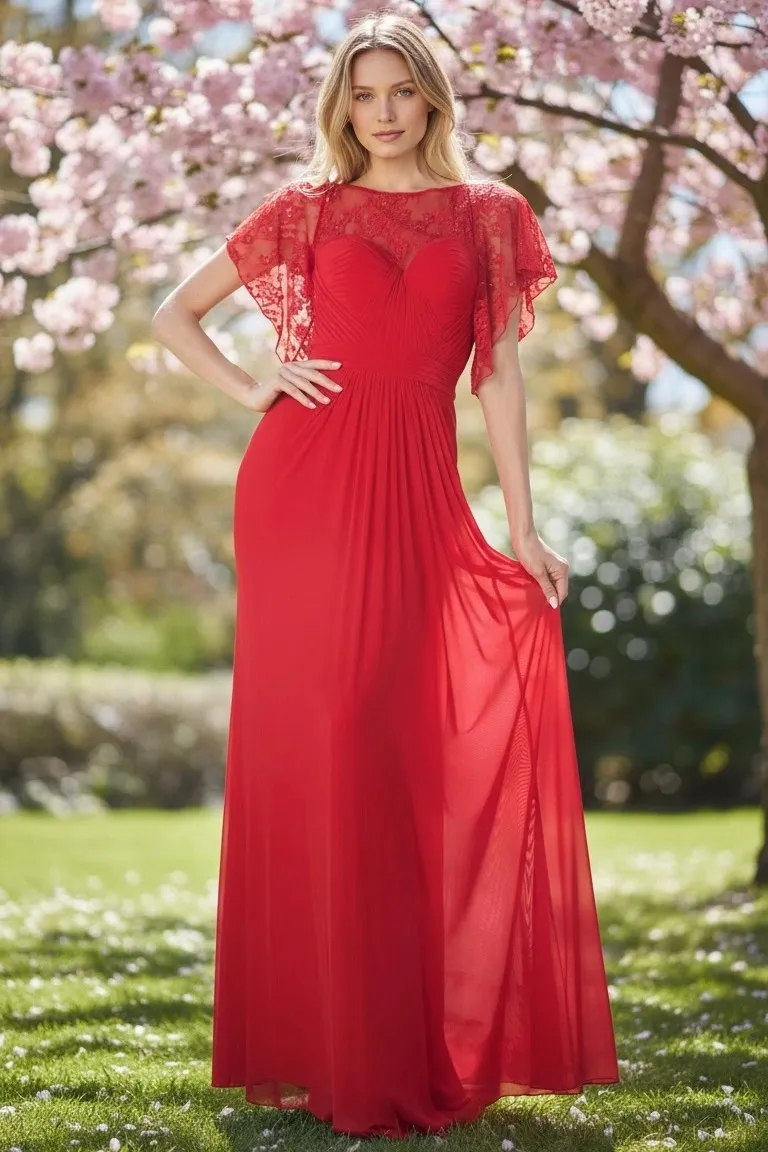 Vestido de gala en tela de chifon color Rojo con mangas y falda corte A