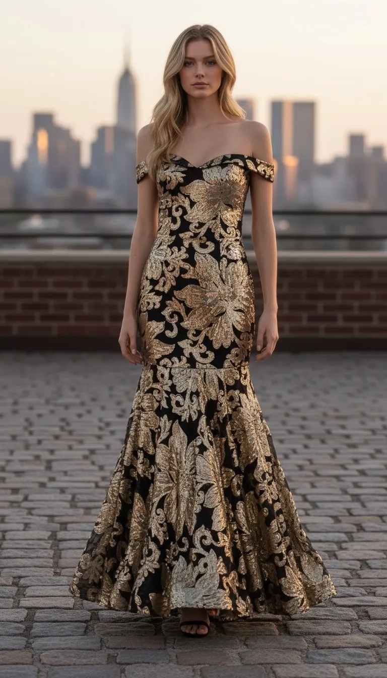 Vestido de Gala Off Shoulder decorado con lentejuelas y apliques en forma de flores, falda corte sirena