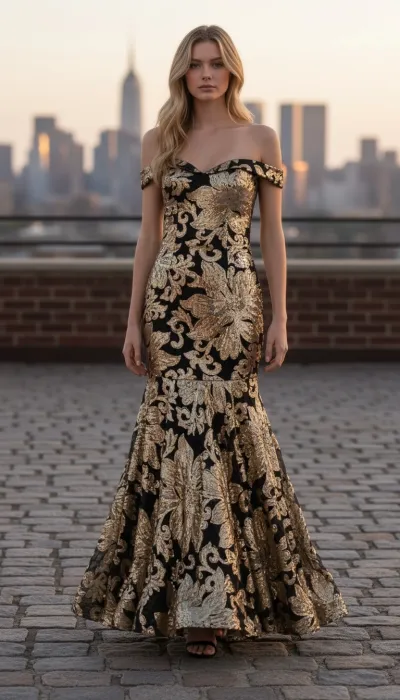 Vestido de Gala Off Shoulder decorado con lentejuelas y apliques en forma de flores, falda corte sirena