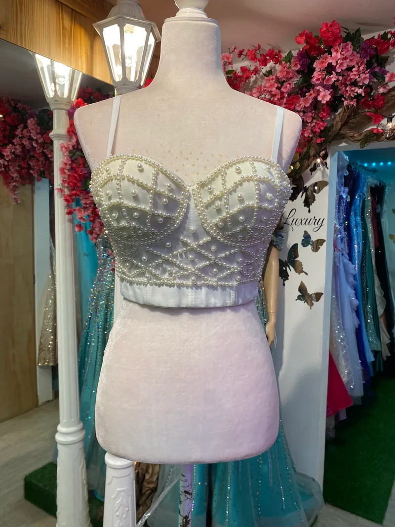 Top de tiras color Blanco decorado con perlas