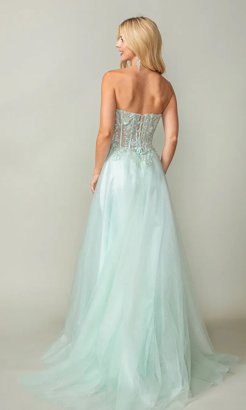Vestido de Gala color Sage estilo corset con transparencia y falda corte A con abertura