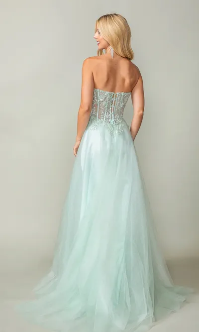 Vestido de Gala color Sage estilo corset con transparencia y falda corte A con abertura