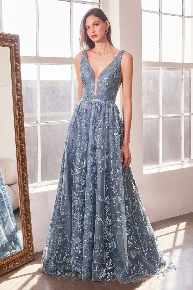 Vestido de Gala escote en V con diseños en Glitter y falda corte A