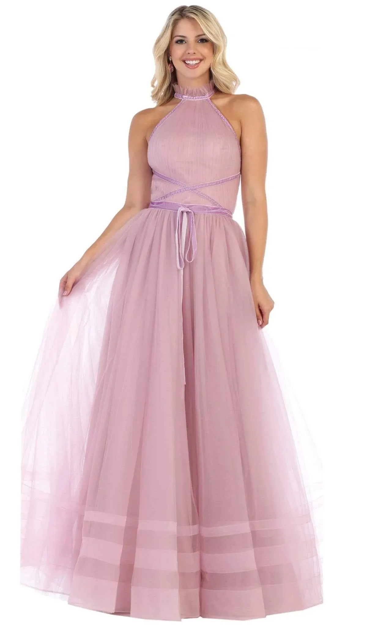 Vestido de Gala color Malva cuello Halter y falda corte A