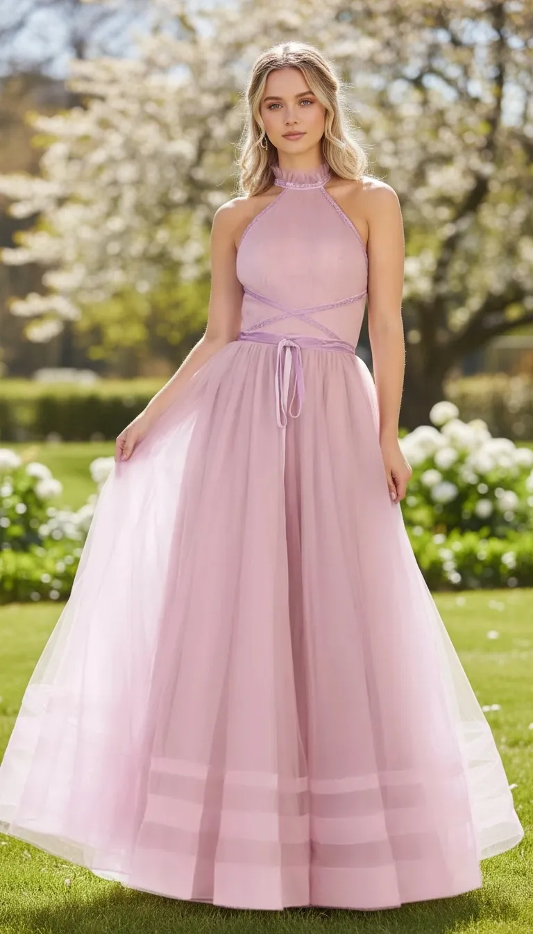 Vestido de Gala cuello Halter y falda corte A en tela de Tul