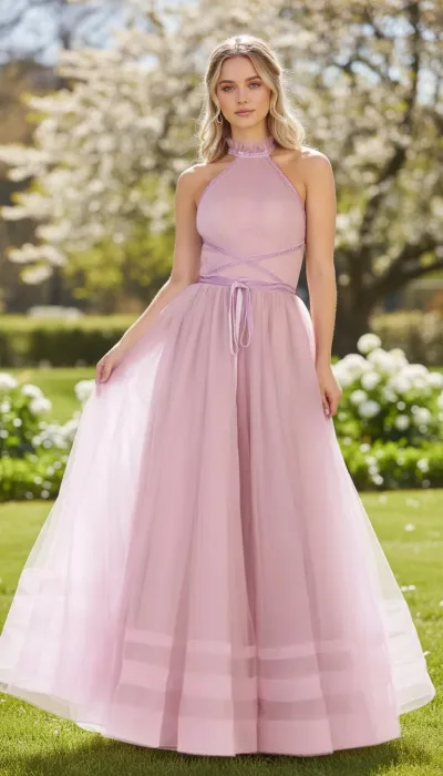 Vestido de Gala cuello Halter y falda corte A en tela de Tul