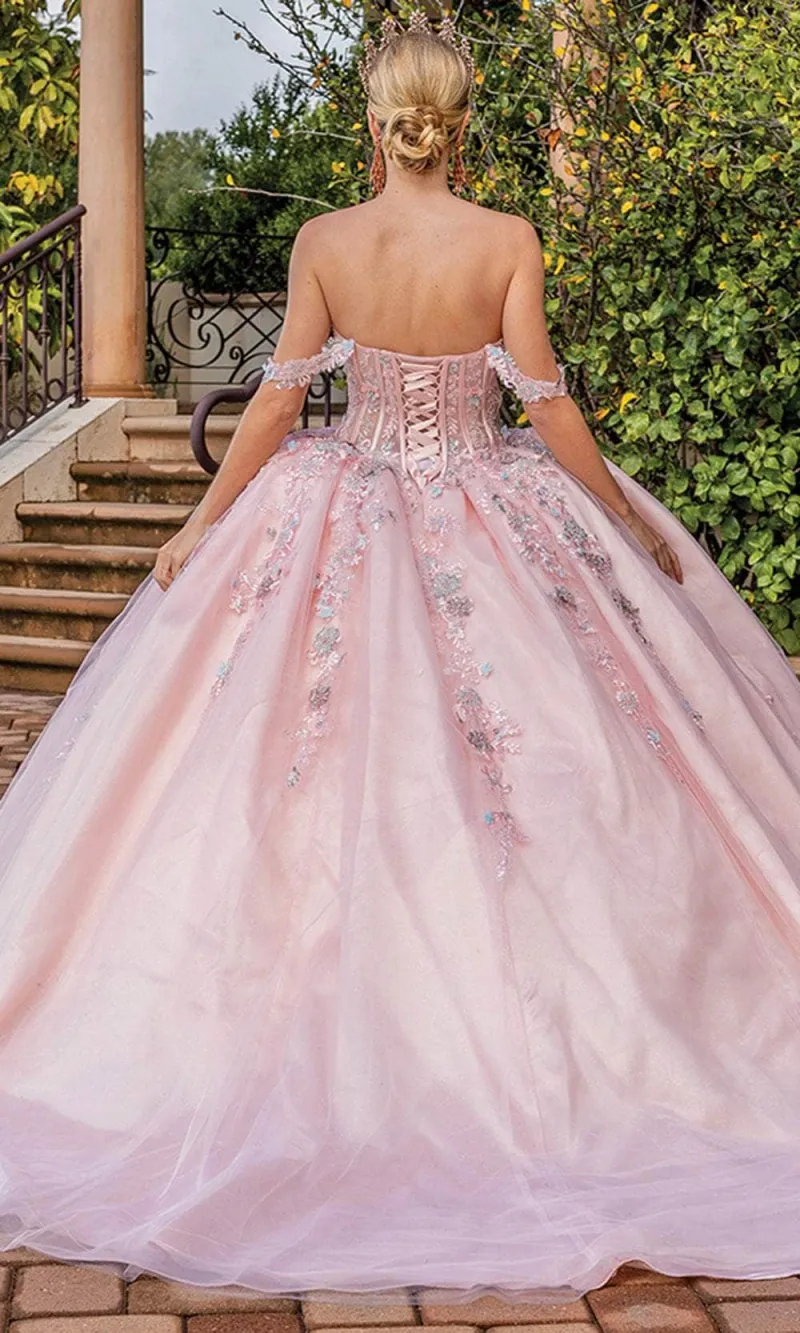 Vestido de 15 años Off Shoulder con color Rosado estilo corset decorado con apliques de flores con falda corte princesa