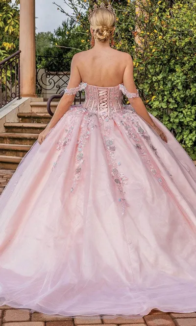 Vestido de 15 años Off Shoulder con color Rosado estilo corset decorado con apliques de flores con falda corte princesa