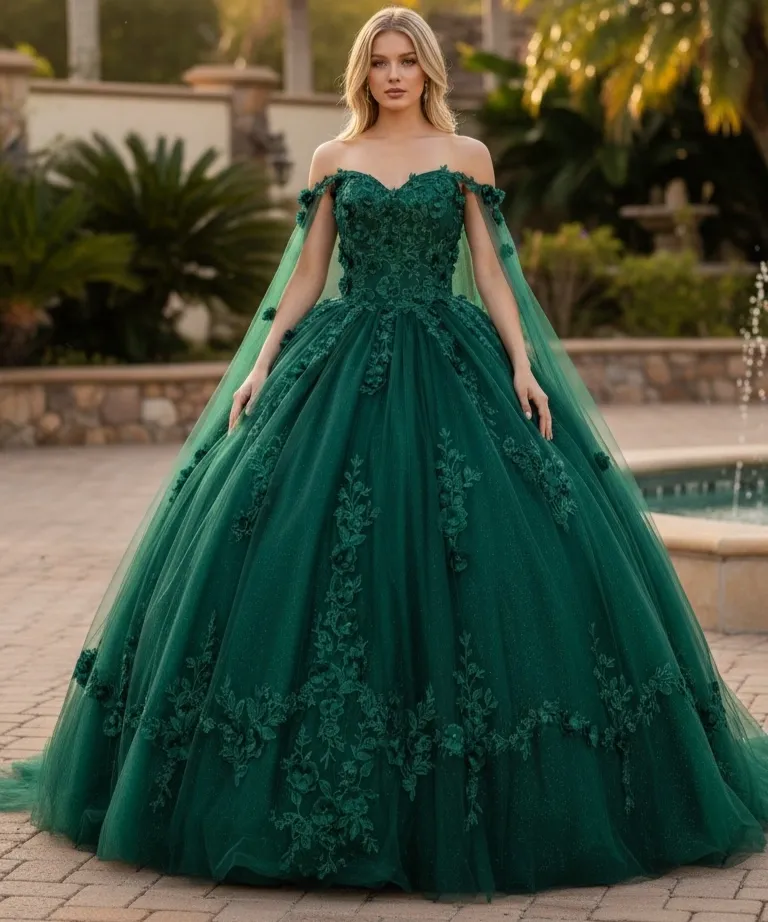 Vestido de 15 años Off Shoulder decorado con apliques de flores en 3D y falda cort Princesa