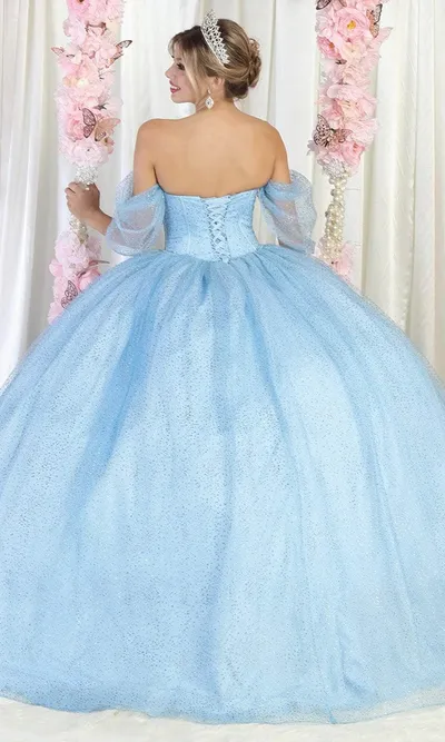 Vestido de 15 años Off Shoulder drapeado en top en tela de glitter y falda corte princesa