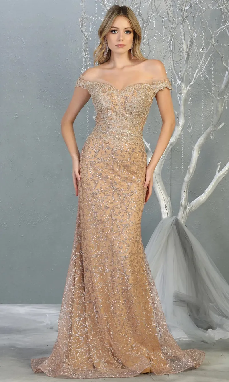 Vestido de Gala color Dorado off shoulder decorado con glitter