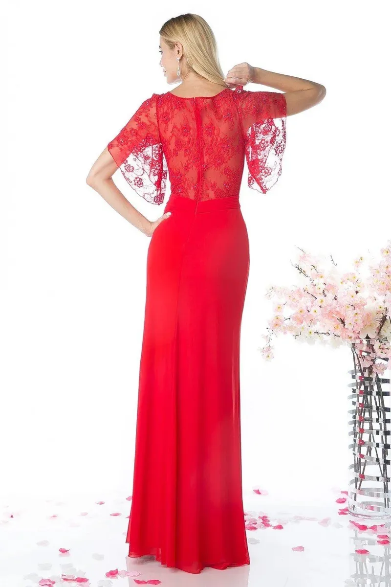 Vestido de gala en tela de chifon color Rojo con mangas y falda corte A