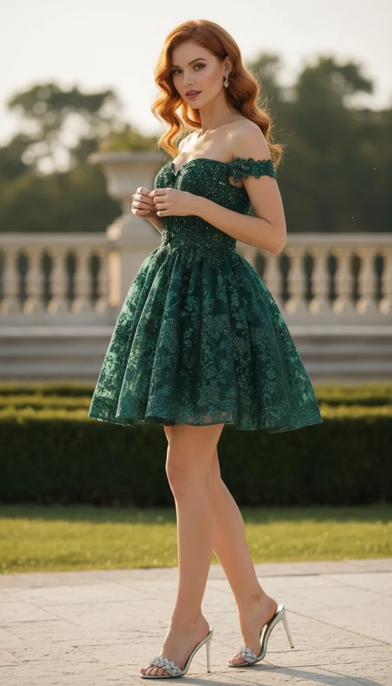 Vestido corto color Verde Off-Shoulder decorado con apliques escarchados y pedreria
