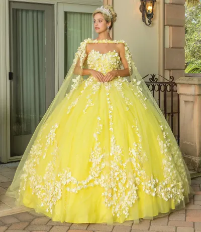 Vestido de 15 años Strapless decorado con apliques de flores en 3D y falda corte Princesa