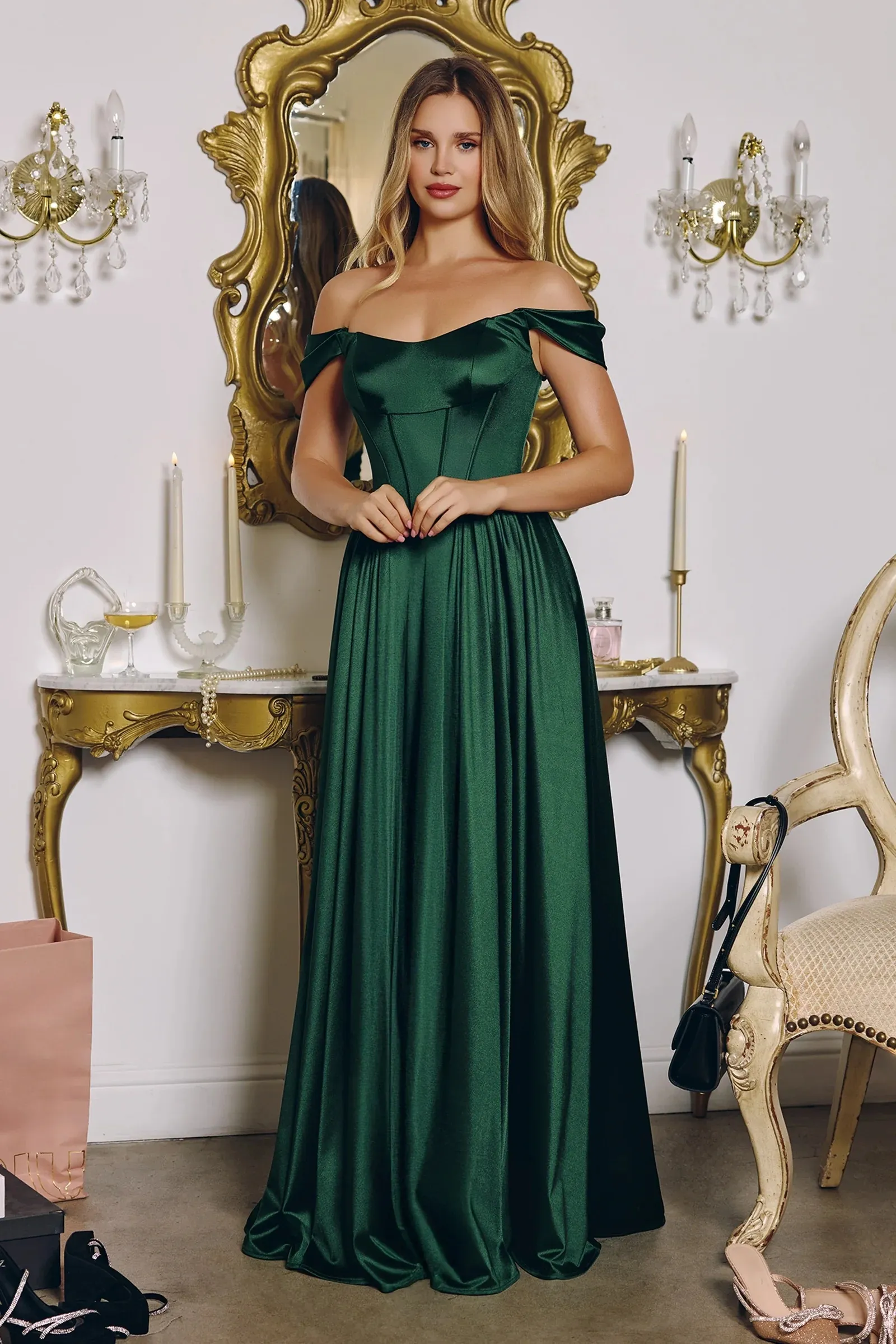 Vestido de Gala Off Shoulder de mangas desmontables, estilo corset y falda corte A