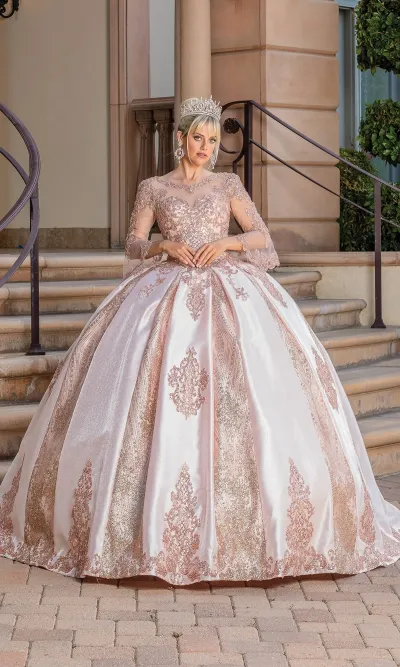 Vestido de 15 años de manga larga decorado con apliques y falda corte Princesa