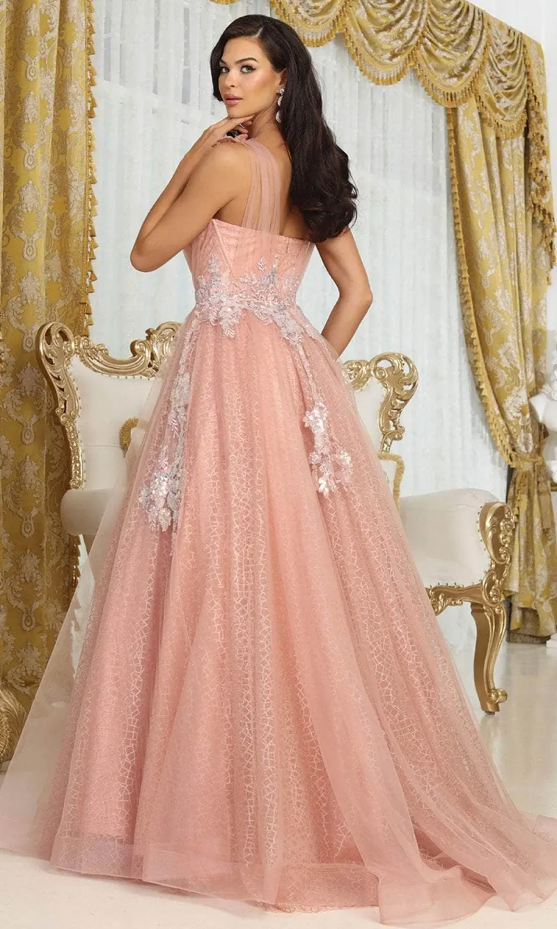 Vestido de gala de tiras color rosegold en tela decorada con glitter y apliques plateados