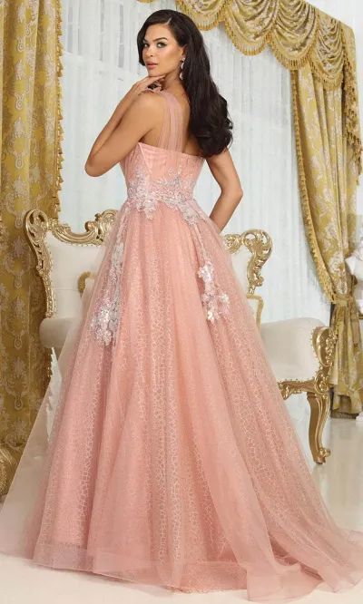 Vestido de gala de tiras color rosegold en tela decorada con glitter y apliques plateados