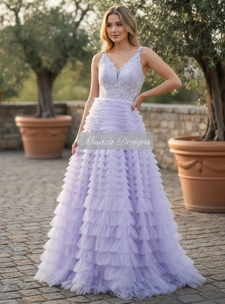 Vestido de Gala cuello en V y falda corte A con volantes en tul