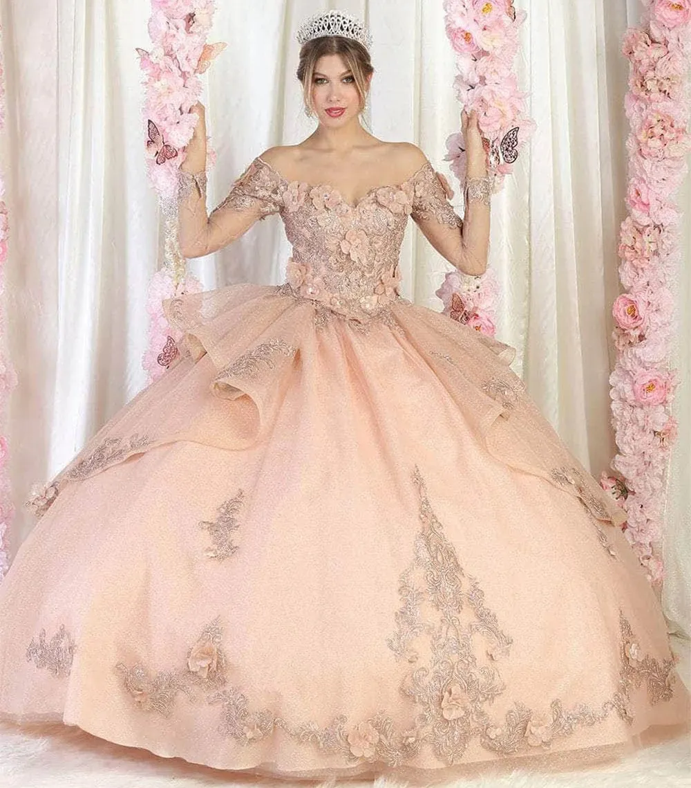Vestido de 15 años Off Shoulder manga larga decorado con apliques y falda corte princesa