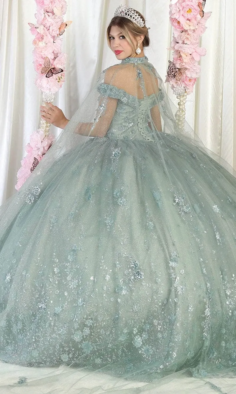 Vestido de 15 años Off Shoulder en tela de glitter  decorado con apliques y decoraciones en glitter falda corte princesa
