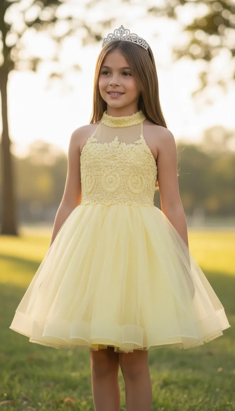 Vestido corto de Quinceañera cuello Halter decorado con pedreria y falda corte A de Tul