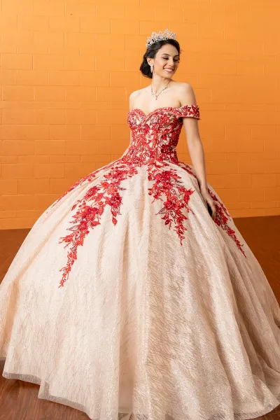 Vestido de 15 años Off Shoulder doble tono con apliques de flores en Top y Falda corte Princesa