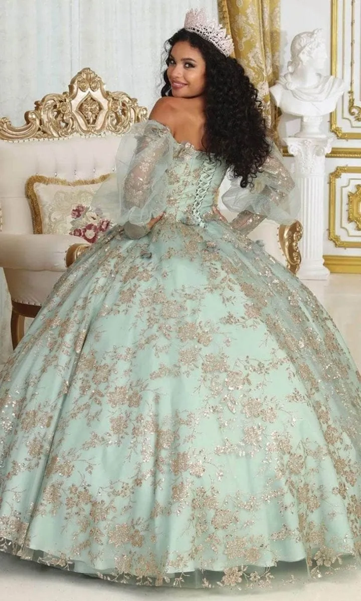 Vestido de 15 años Off Shoulder con mangas abullonadas decorado con apliques de flores en dorado