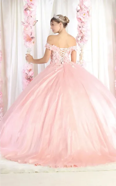 Vestido de 15 años Off Shoulder estilo corset con semitransparencia decorado con flores en 3D