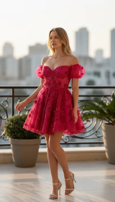 Vestido corto Off-Shoulder decorado con apliques y flores en 3D