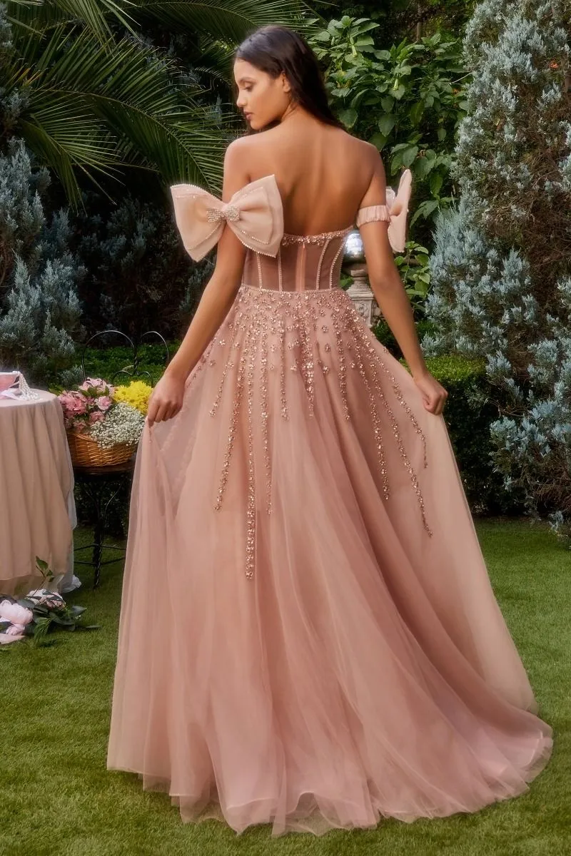 Vestido de Gala color Blush estilo corset con transparencia decorado con pedreria de flores y falda corte A