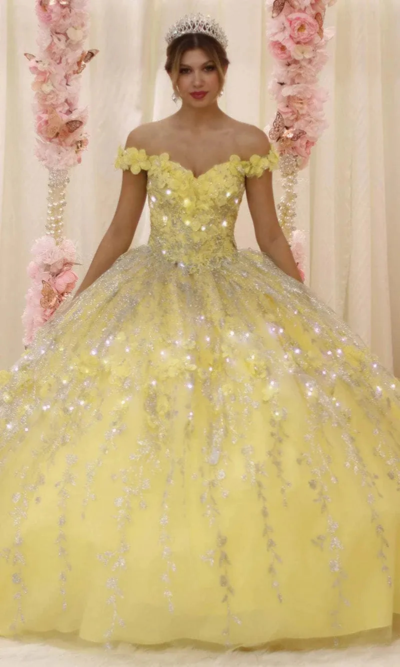 Vestido de 15 años Off Shoulder decorado con apliques y flores en 3D en tela de glitter falda corte princesa con luces LED