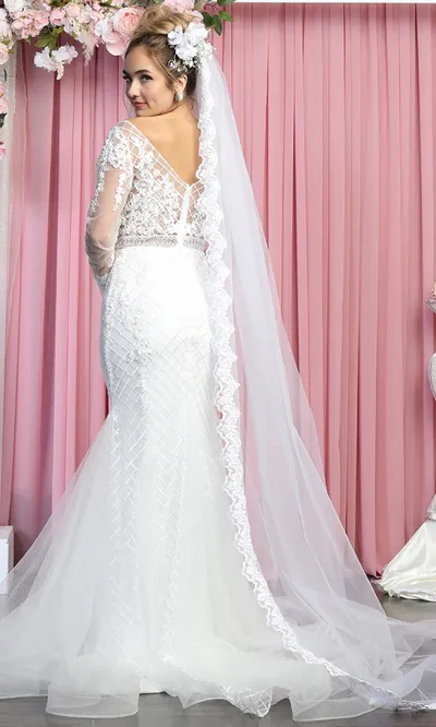 Vestido de Novia Cuello corte V, manga larga con transparencia decorado con apliques y falda corte Sirena