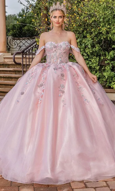 Vestido de 15 años Off Shoulder con color Rosado estilo corset decorado con apliques de flores con falda corte princesa