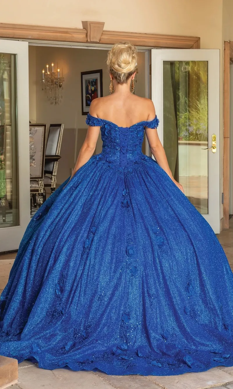 Vestido de 15 años Off Shoulder en tela de Glitter decorado con flores en 3D y falda corte Princesa