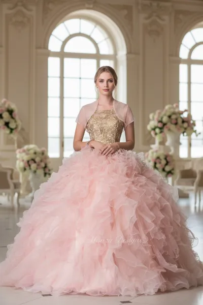 Vestido de 15 años cuello Halter espalda descubierta estilo corset decorado con apliques dorados en top y falda corte princesa con volantes