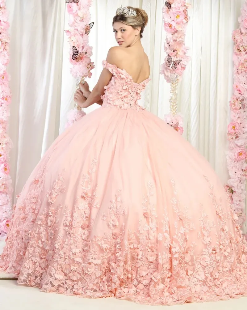 Vestido de 15 años Off Shoulder decorado con apliques de flores y falda corte Princesa
