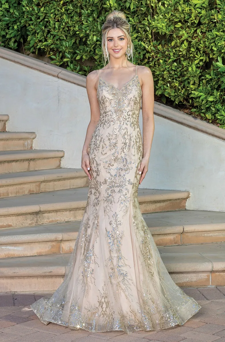 Vestido de Gala escote en V decorado con apliques de Glitter y pedrería en Top, falda corte Sirena