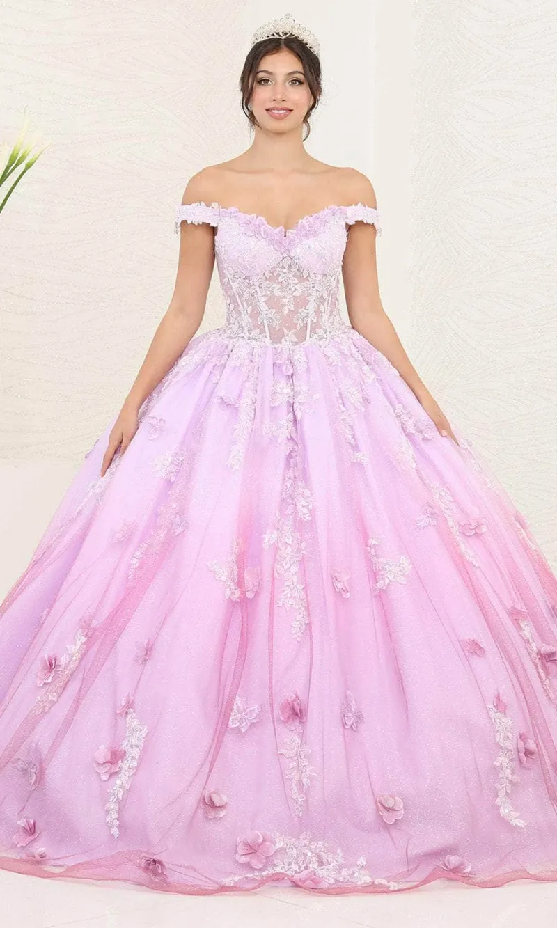 Vestido de 15 años Off Shoulder estilo corset con transparencia, decorado con apliques de flores y falda corte Princesa con difuminado