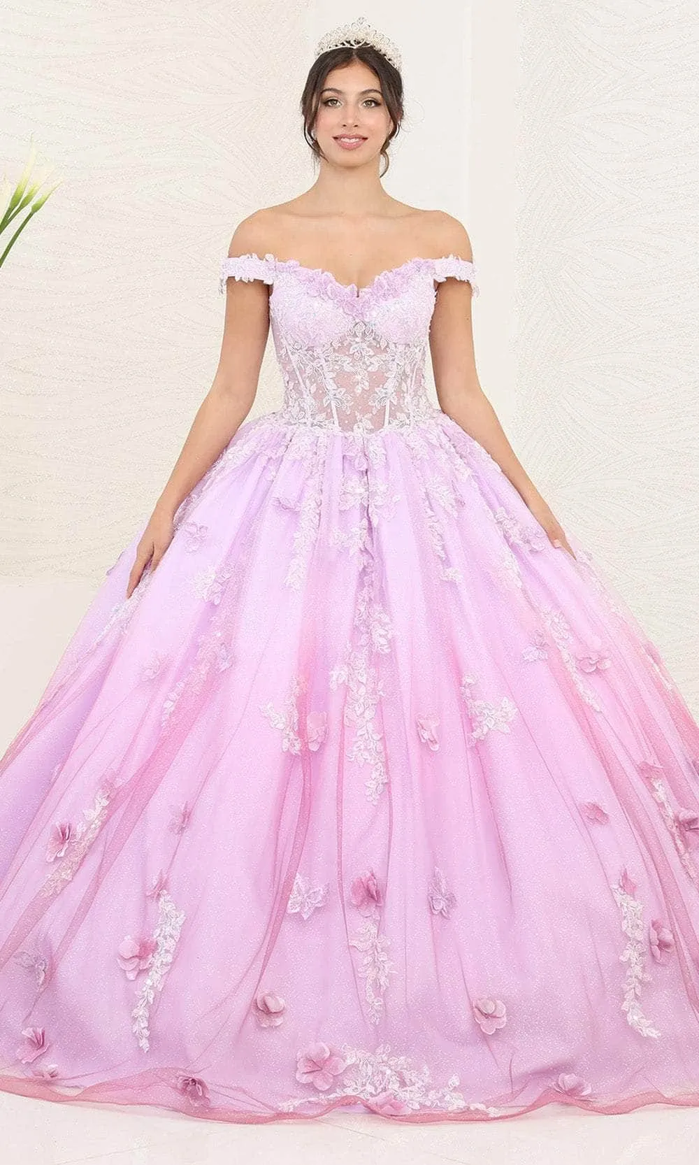 Vestido de 15 años Off Shoulder estilo corset con transparencia, decorado con apliques de flores y falda corte Princesa con difuminado