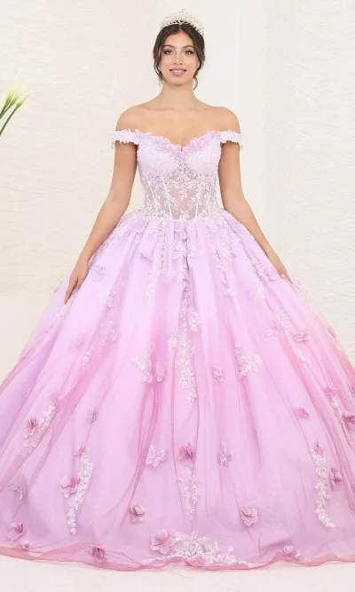 Vestido de 15 años Off Shoulder estilo corset con transparencia, decorado con apliques de flores y falda corte Princesa con difuminado