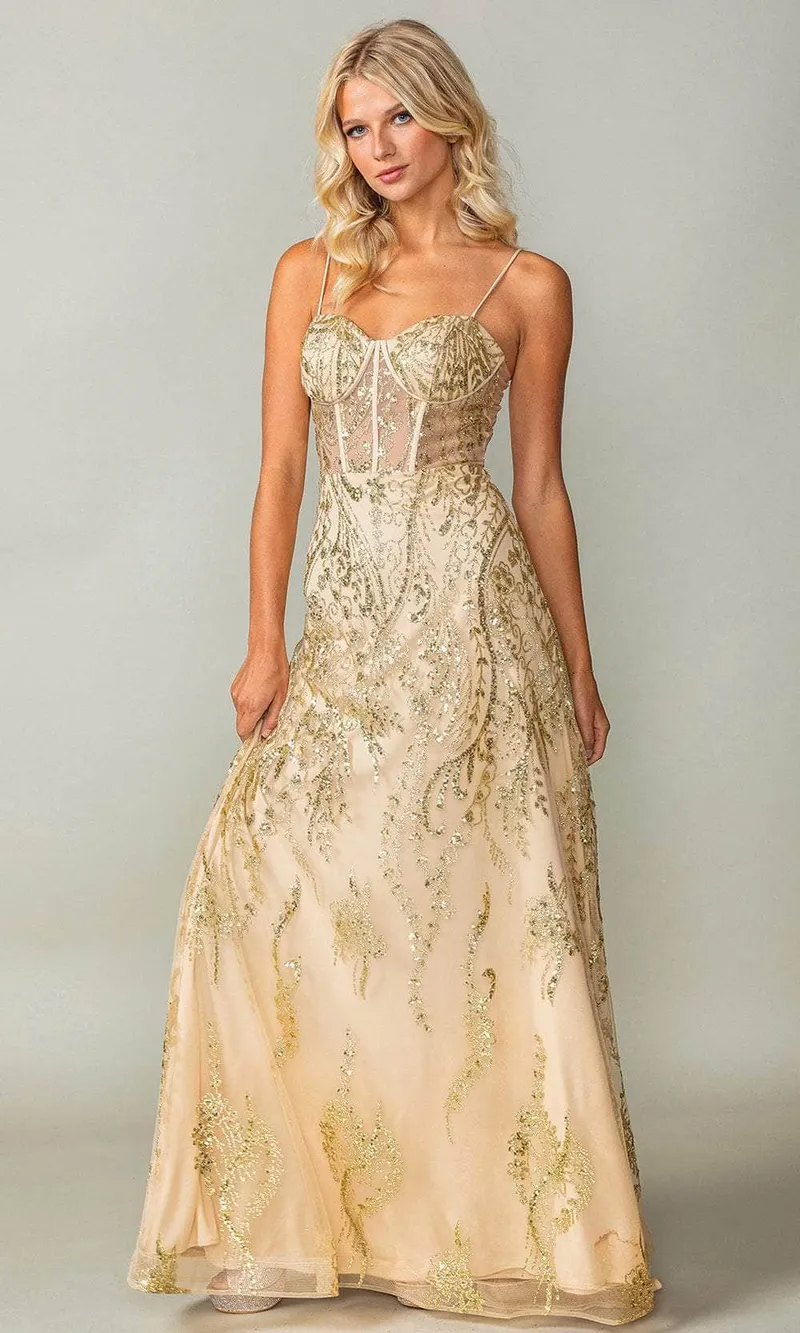 Vestido de Gala color Dorado de tiras estilo corset semi-transparente en top decorado con apliques y glitter