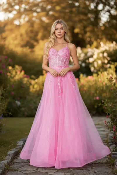 Vestido de gala de tiras estilo corset con transparencia decorado con apliques de flores y falda corte A