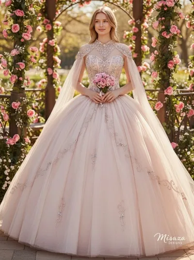 Vestido de 15 años con capa decorado con pedrería y falda corte Princesa