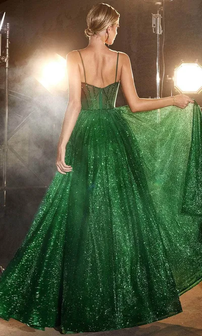 Vestido de Gala de tiras color Esmeralda estilo corset semi-transparente en top decorado con glitter