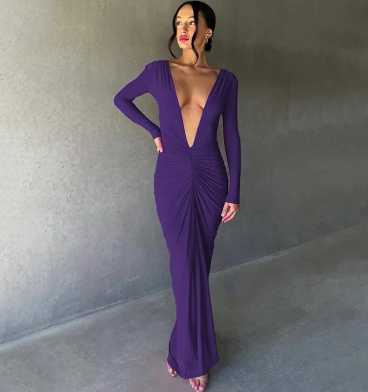 Vestido de Gala manga larga Cuello corte V fruncido ajustado al cuerpo color Morado