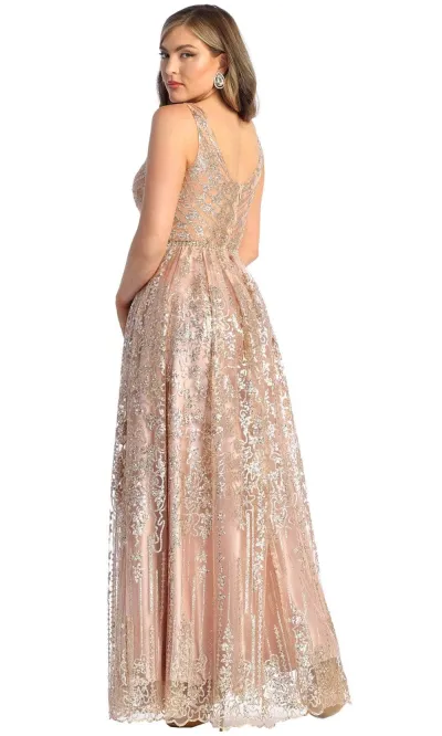 Vestido de gala color Rosegold semi-transparente decorado con apliques