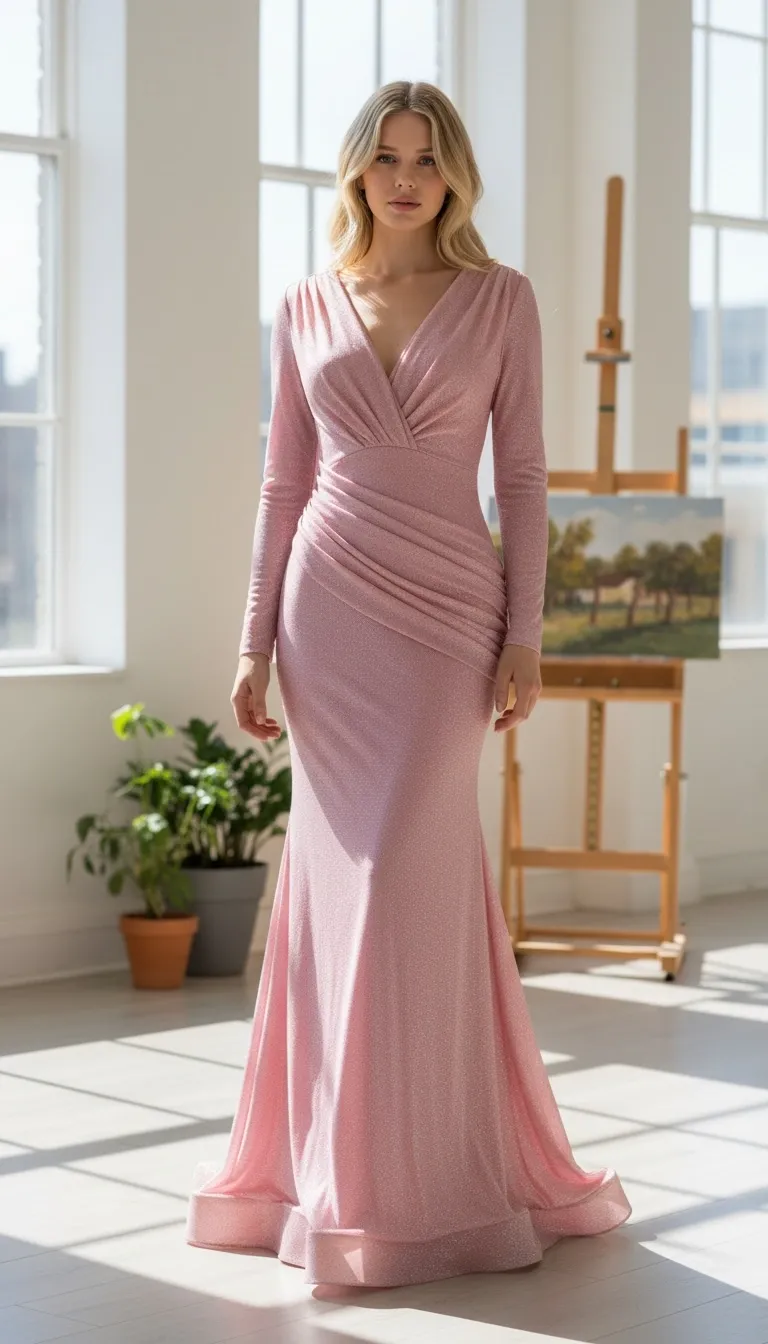 Vestido de Gala manga larga en tela de Glitter color Rosado con espalda descubierta y drapeado